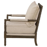 Blanchett Bobbin Accent Chair - Turned Wood Arms & Legs in Distressed Brown with Beige Fabric Cushions – view 5