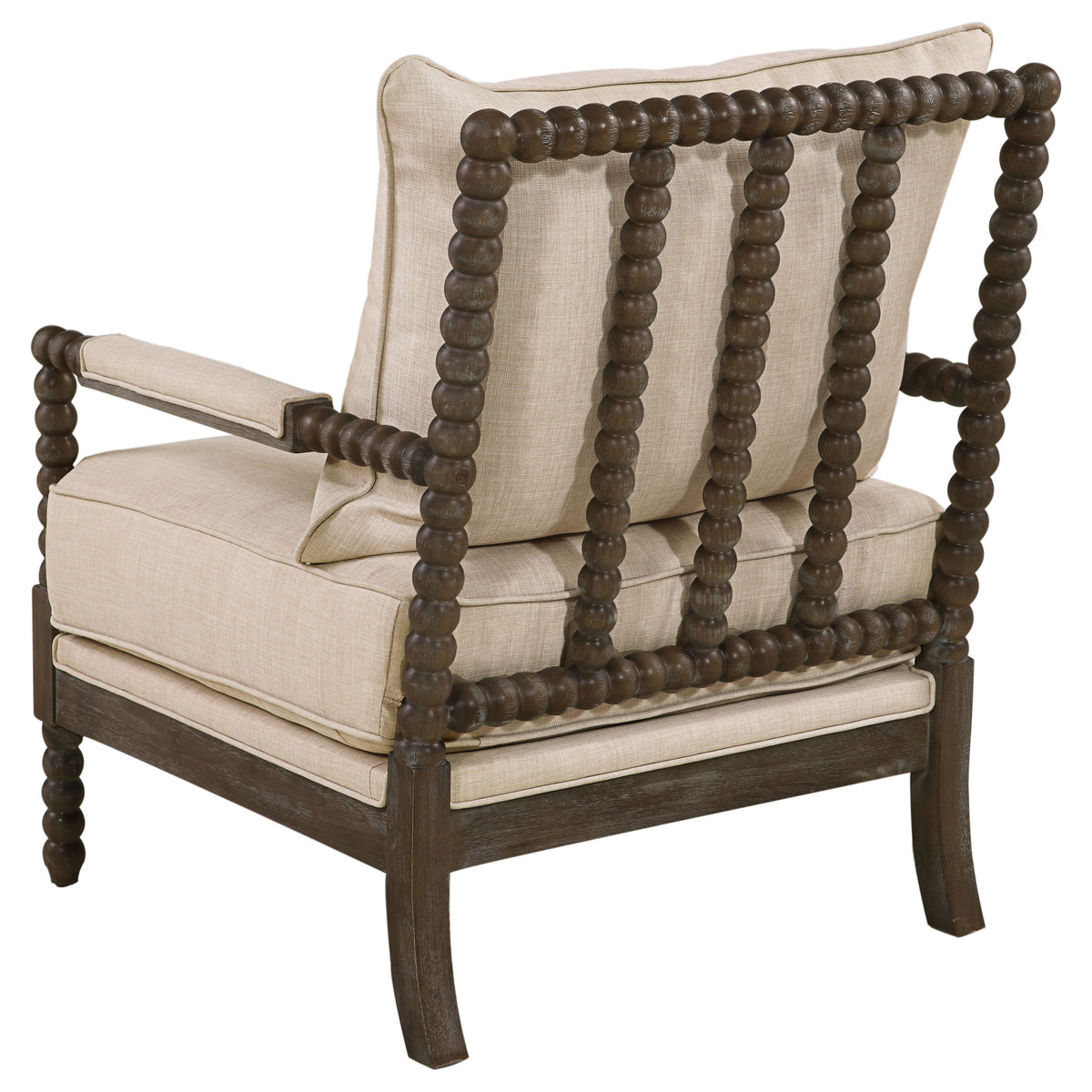 Blanchett Bobbin Accent Chair - Turned Wood Arms & Legs in Distressed Brown with Beige Fabric Cushions – view 6