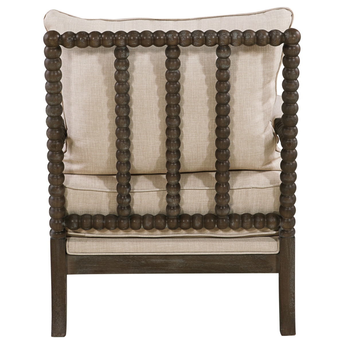 Blanchett Bobbin Accent Chair - Turned Wood Arms & Legs in Distressed Brown with Beige Fabric Cushions – view 7