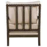 Blanchett Bobbin Accent Chair - Turned Wood Arms & Legs in Distressed Brown with Beige Fabric Cushions – view 7