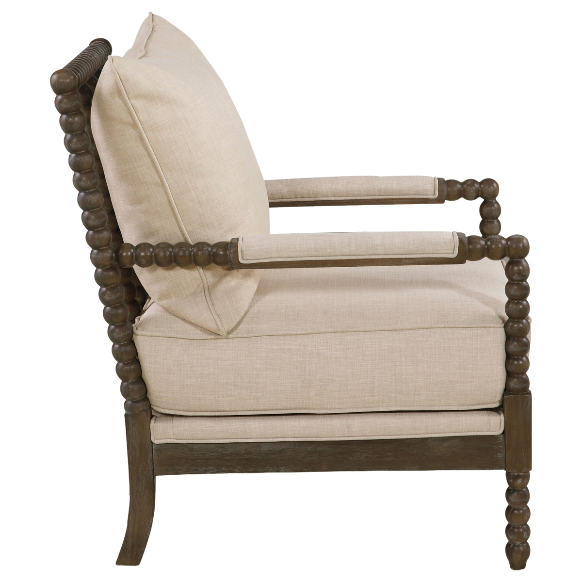 Blanchett Bobbin Accent Chair - Turned Wood Arms & Legs in Distressed Brown with Beige Fabric Cushions – view 9