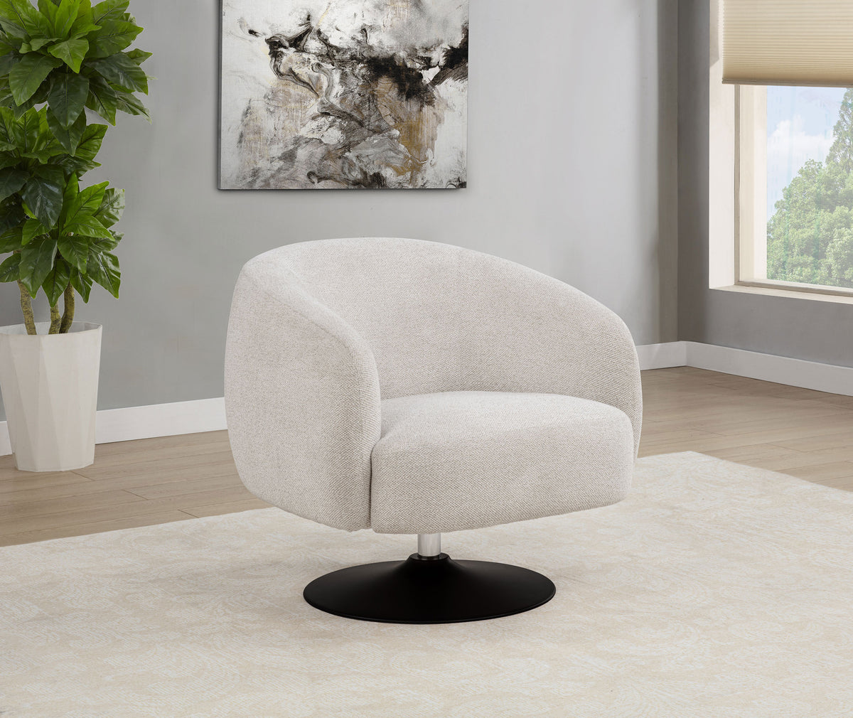 Dave Barrel Back Swivel Accent Chair - Beige Boucle on Matte Black Pedestal Base – view 1
