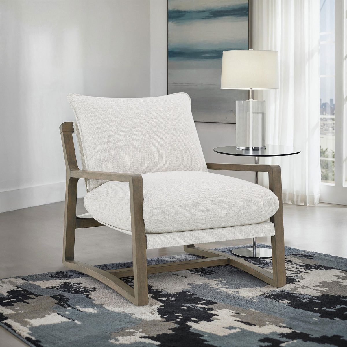 Geneva Boucle Sectional with Left Chaise & Wood Arm Accent Chair - Sand on Ash Brown Wood Base - lifestyle