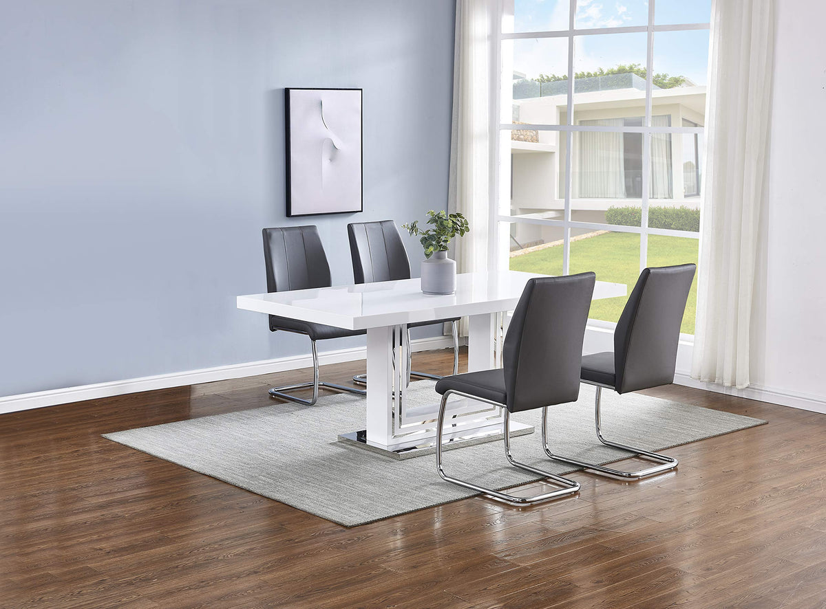 Barton 5-Piece Dining Set with White High-Gloss Lacquer Rectangle Table, Single Pedestal Base with… - front view