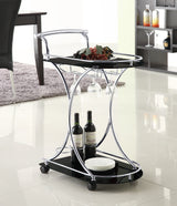 Elfman 2-Tier Bar Cart - Black Glass Shelves on Chrome Frame with Wine & Stemware Storage – view 1