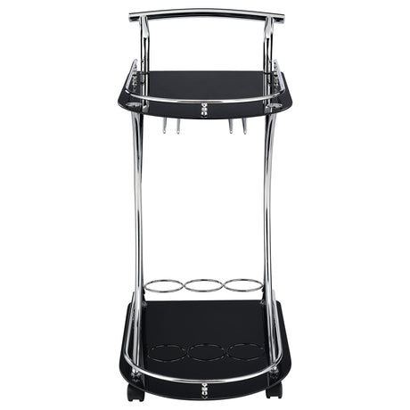 Elfman 2-Tier Bar Cart - Black Glass Shelves on Chrome Frame with Wine & Stemware Storage – view 3