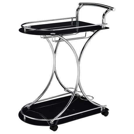 Elfman 2-Tier Bar Cart - Black Glass Shelves on Chrome Frame with Wine & Stemware Storage – view 4