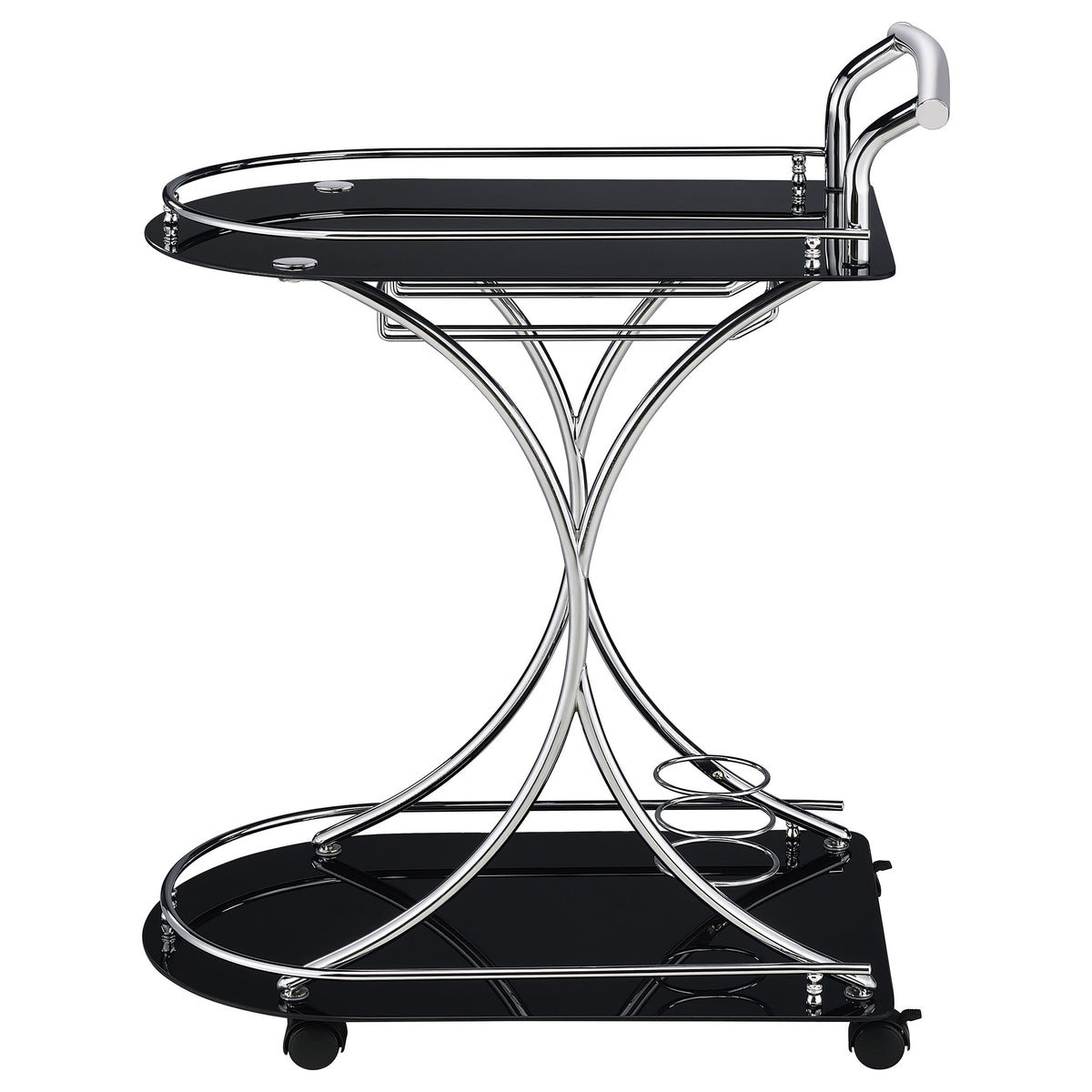 Elfman 2-Tier Bar Cart - Black Glass Shelves on Chrome Frame with Wine & Stemware Storage – view 5
