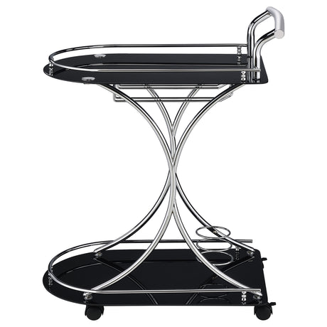 Elfman 2-Tier Bar Cart - Black Glass Shelves on Chrome Frame with Wine & Stemware Storage – view 5