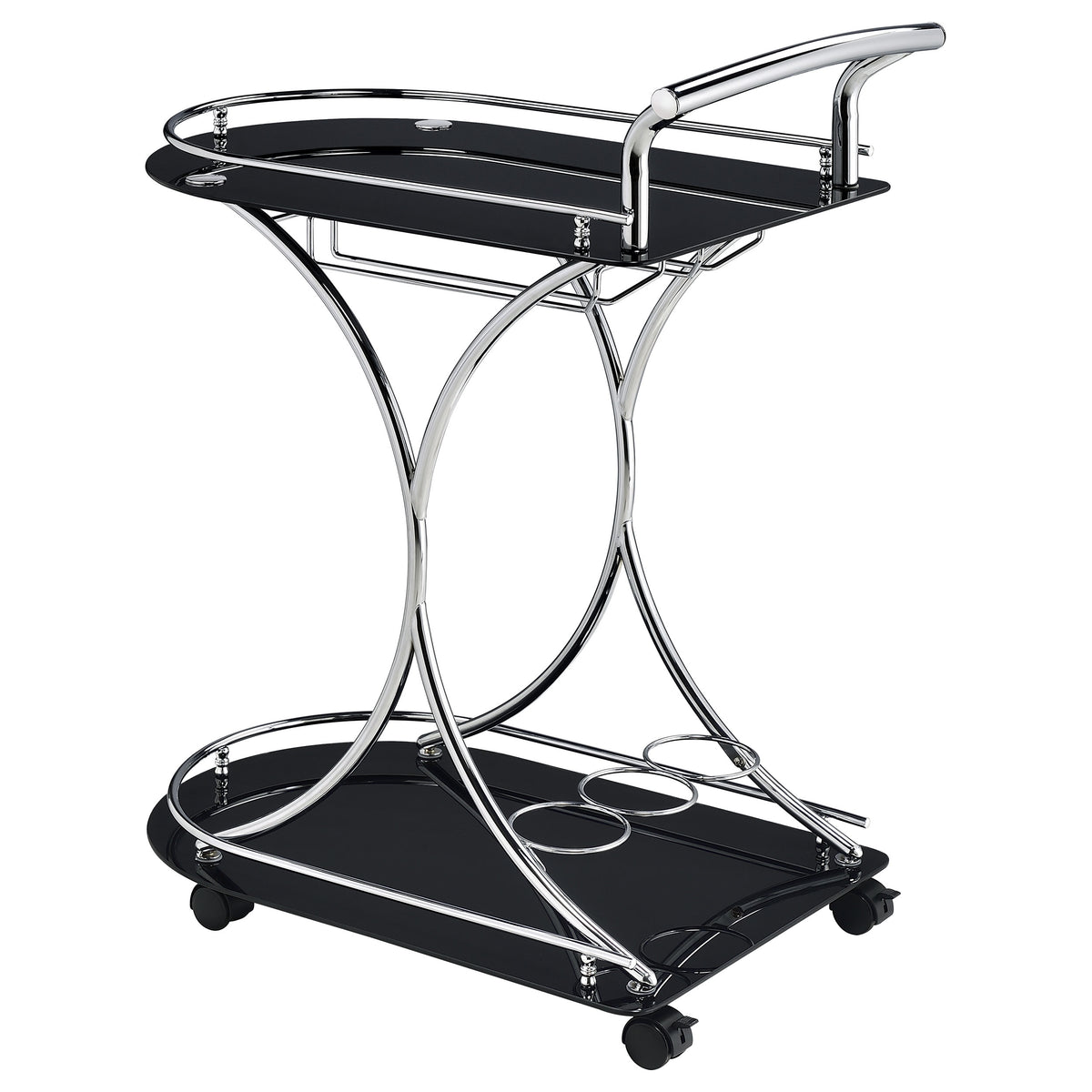 Elfman 2-Tier Bar Cart - Black Glass Shelves on Chrome Frame with Wine & Stemware Storage – view 6