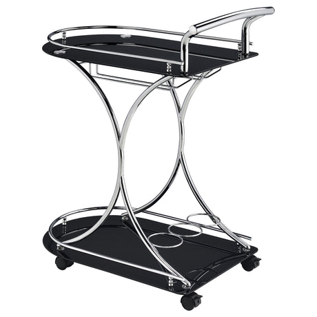 Elfman 2-Tier Bar Cart - Black Glass Shelves on Chrome Frame with Wine & Stemware Storage – view 6