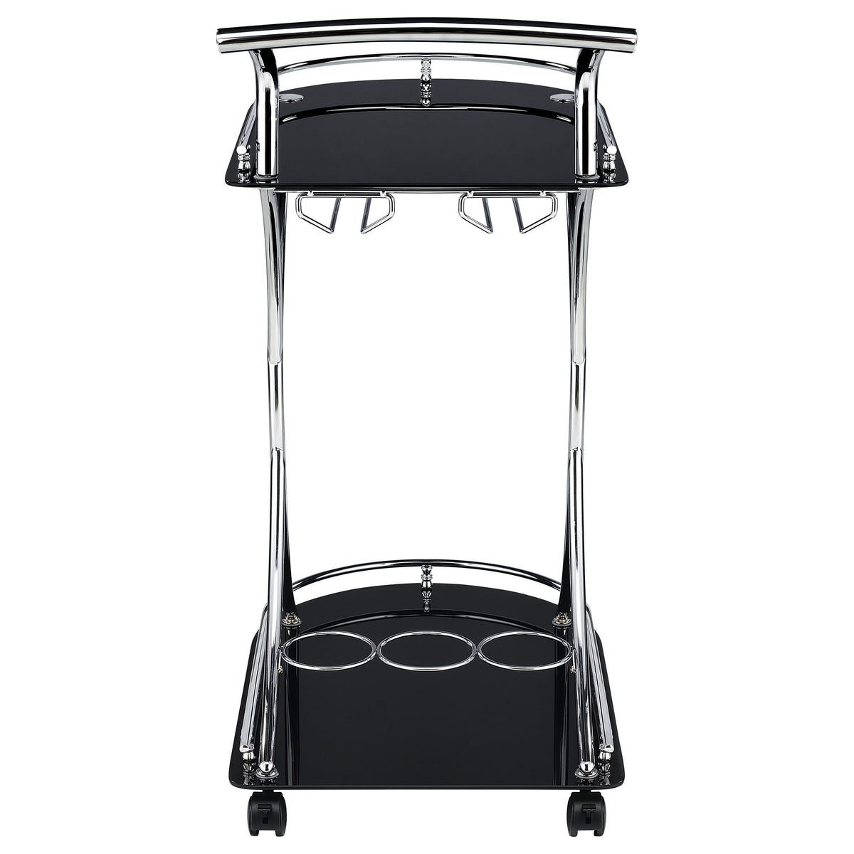 Elfman 2-Tier Bar Cart - Black Glass Shelves on Chrome Frame with Wine & Stemware Storage – view 7