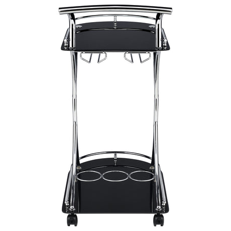 Elfman 2-Tier Bar Cart - Black Glass Shelves on Chrome Frame with Wine & Stemware Storage – view 7