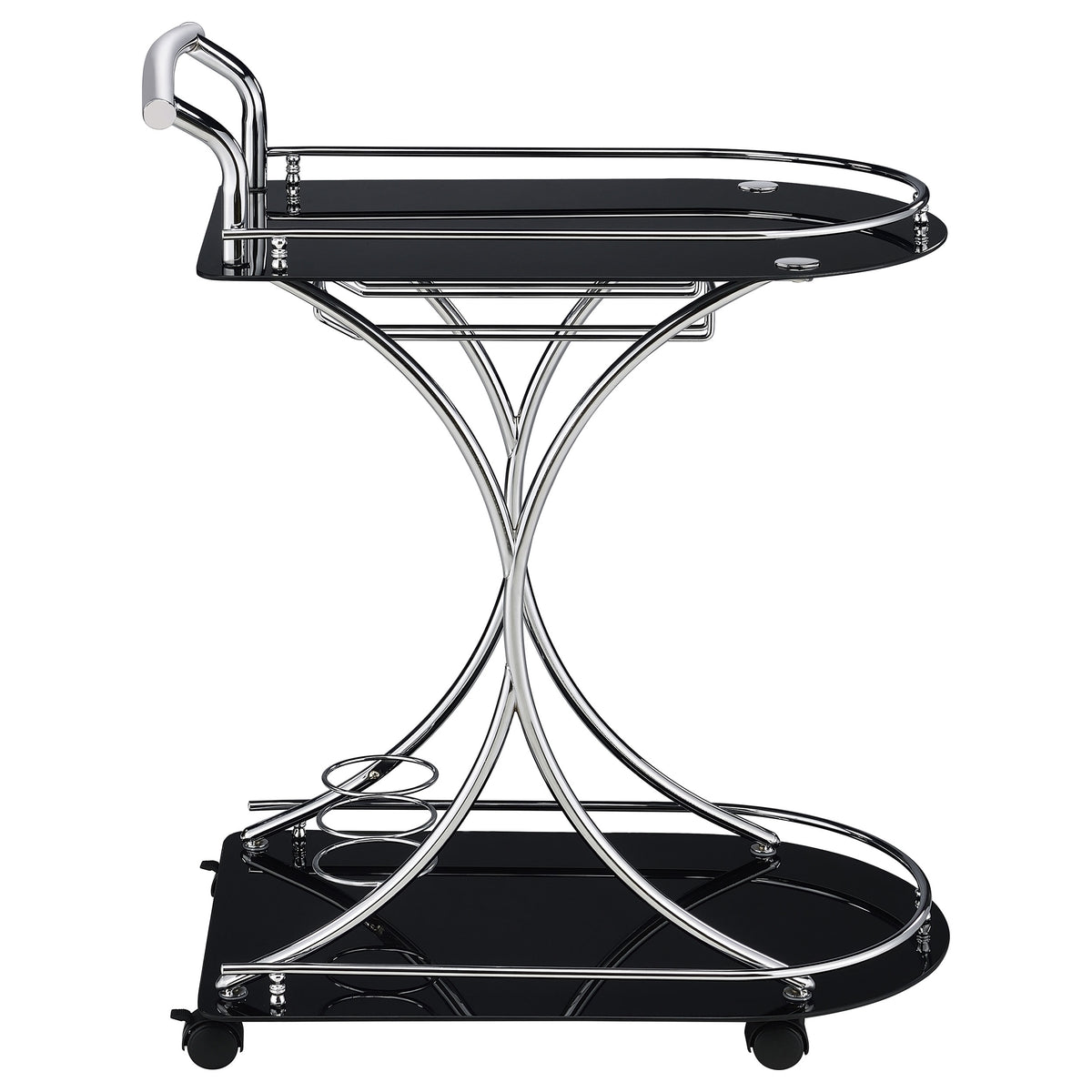 Elfman 2-Tier Bar Cart - Black Glass Shelves on Chrome Frame with Wine & Stemware Storage – view 9