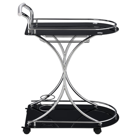 Elfman 2-Tier Bar Cart - Black Glass Shelves on Chrome Frame with Wine & Stemware Storage – view 9