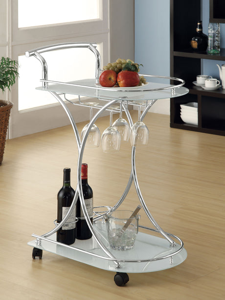 Elfman 2-Tier Bar Cart - White Glass Shelves on Curved Chrome Frame with Wine & Stemware Racks – view 1