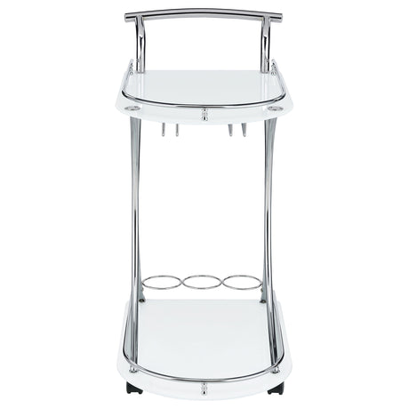Elfman 2-Tier Bar Cart - White Glass Shelves on Curved Chrome Frame with Wine & Stemware Racks – view 3