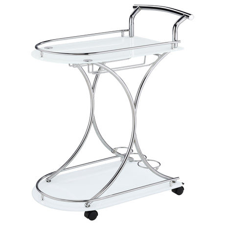 Elfman 2-Tier Bar Cart - White Glass Shelves on Curved Chrome Frame with Wine & Stemware Racks – view 4