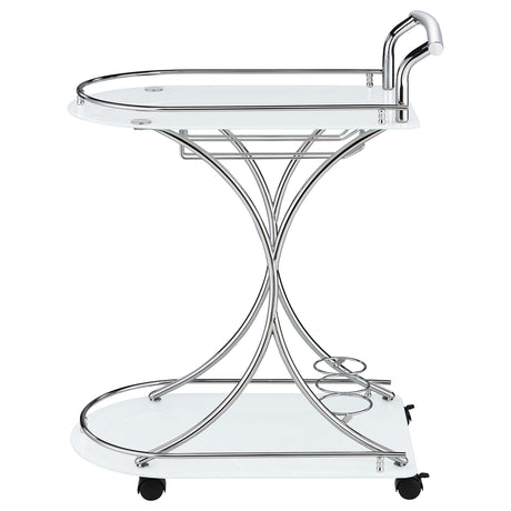 Elfman 2-Tier Bar Cart - White Glass Shelves on Curved Chrome Frame with Wine & Stemware Racks – view 5