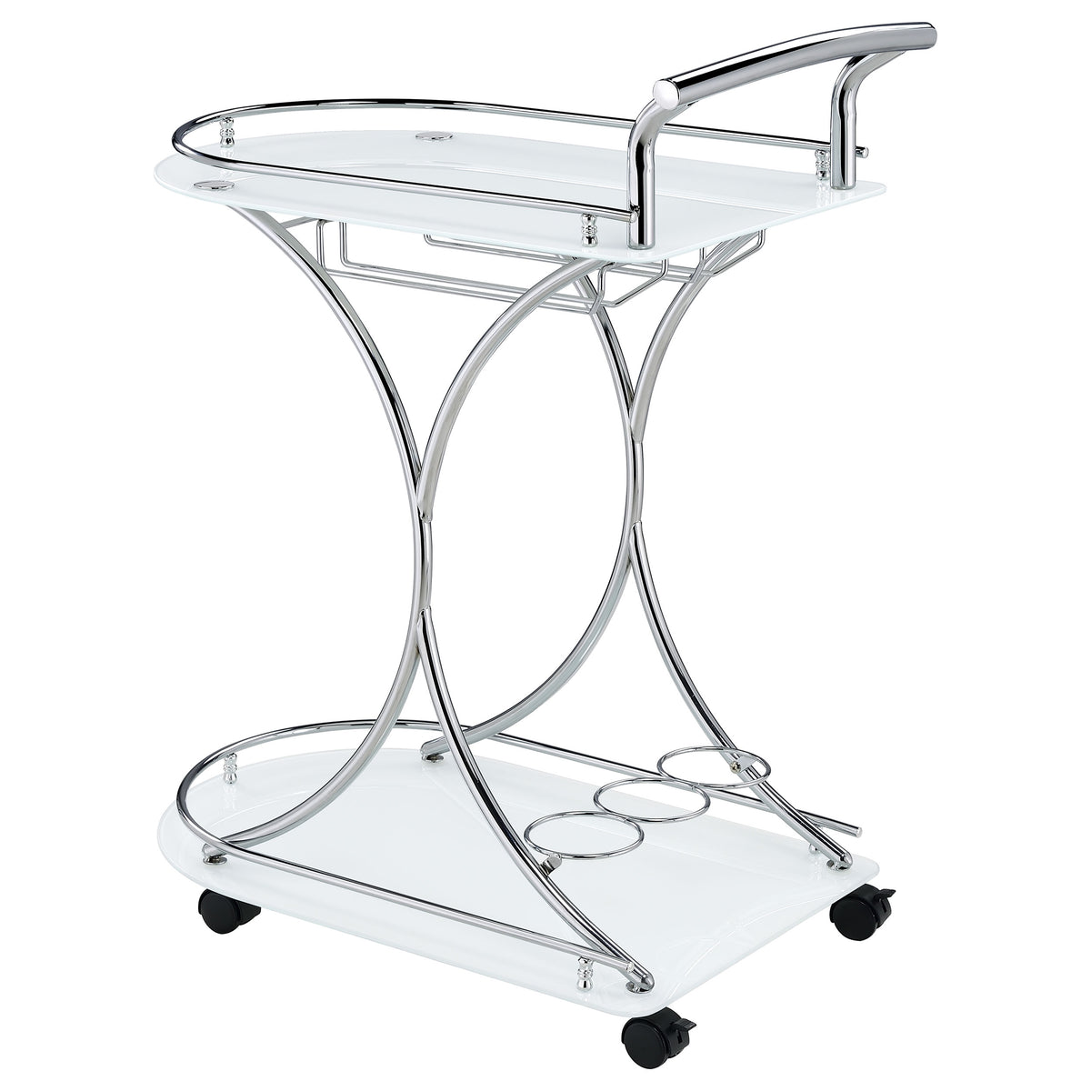 Elfman 2-Tier Bar Cart - White Glass Shelves on Curved Chrome Frame with Wine & Stemware Racks – view 6