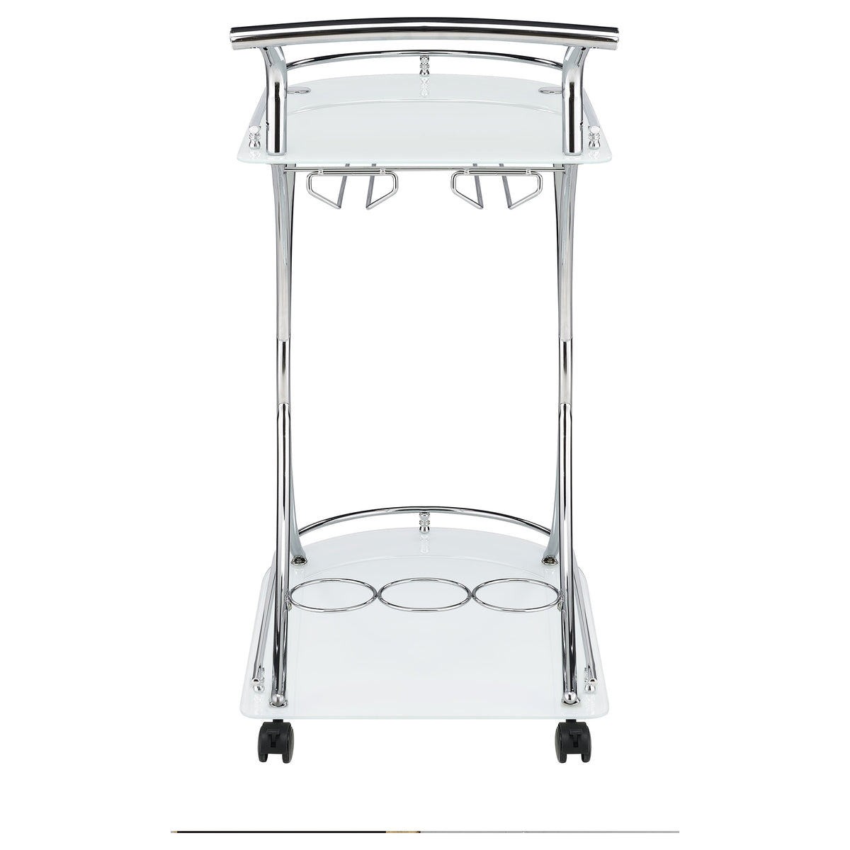 Elfman 2-Tier Bar Cart - White Glass Shelves on Curved Chrome Frame with Wine & Stemware Racks – view 7
