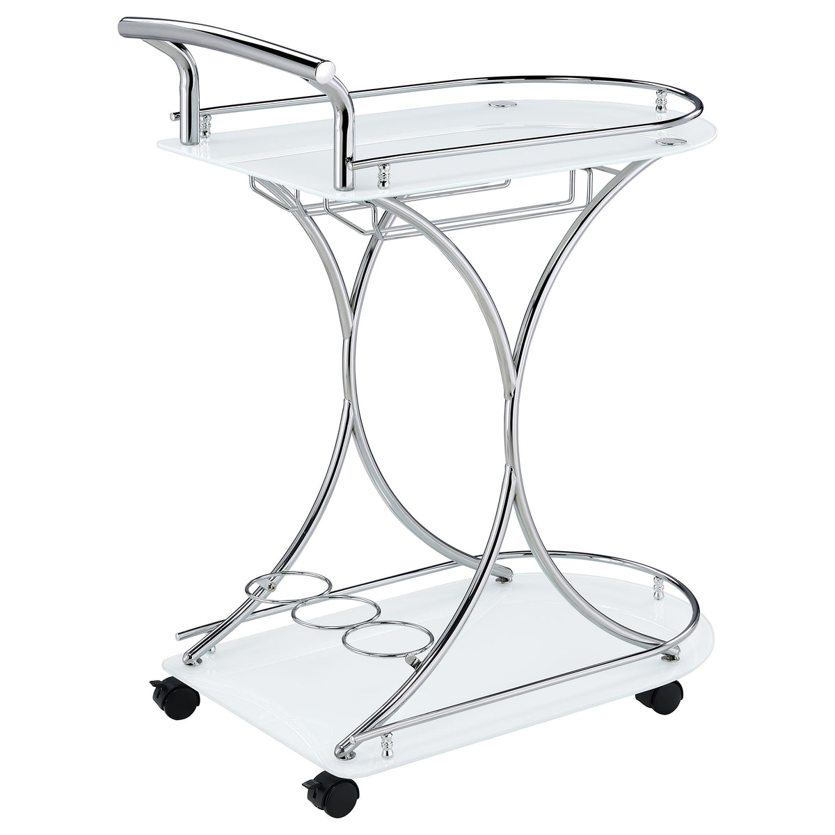 Elfman 2-Tier Bar Cart - White Glass Shelves on Curved Chrome Frame with Wine & Stemware Racks – view 8