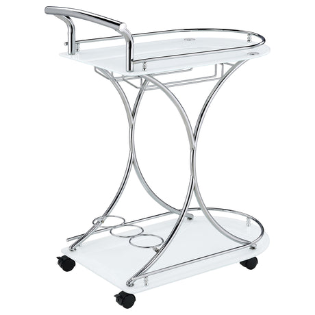 Elfman 2-Tier Bar Cart - White Glass Shelves on Curved Chrome Frame with Wine & Stemware Racks – view 8
