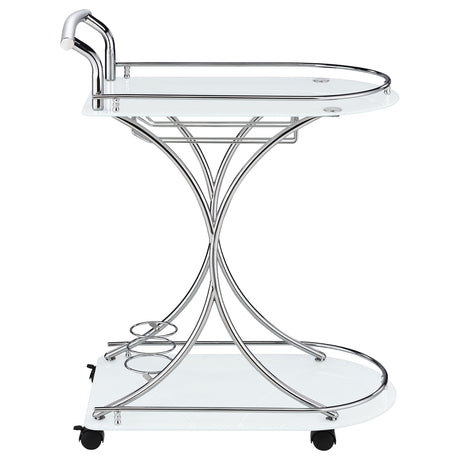 Elfman 2-Tier Bar Cart - White Glass Shelves on Curved Chrome Frame with Wine & Stemware Racks – view 9