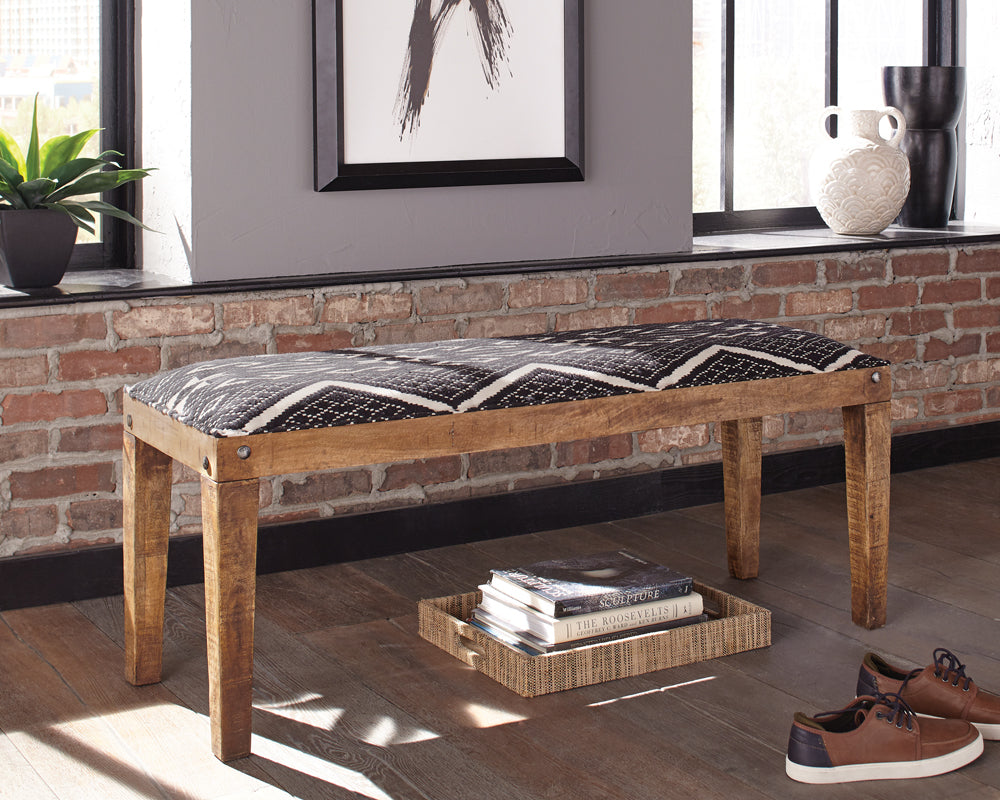 Lamont Upholstered Accent Bench - Black & White Geometric Cotton on Solid Mango Wood with Nailheads – view 2
