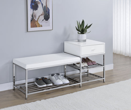 Siega Shoe Storage Entryway Bench - 1 Drawer & Leatherette Seat in White High Gloss with Chrome