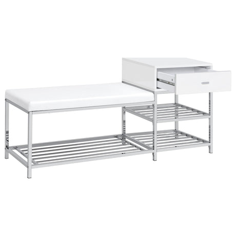 Siega Shoe Storage Entryway Bench - 1 Drawer & Leatherette Seat in White High Gloss with Chrome – view 3