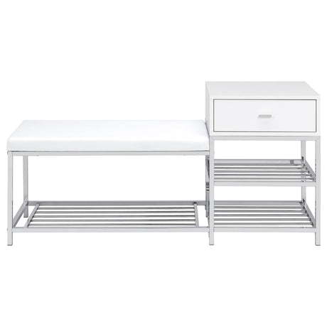Siega Shoe Storage Entryway Bench - 1 Drawer & Leatherette Seat in White High Gloss with Chrome – view 4
