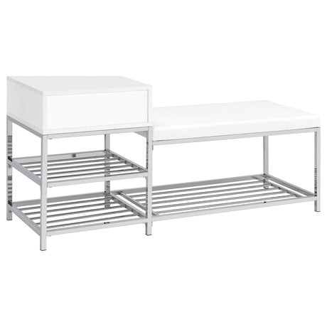 Siega Shoe Storage Entryway Bench - 1 Drawer & Leatherette Seat in White High Gloss with Chrome – view 6