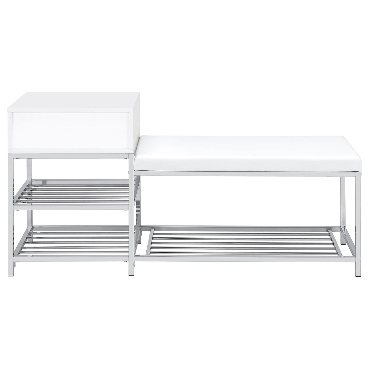 Siega Shoe Storage Entryway Bench - 1 Drawer & Leatherette Seat in White High Gloss with Chrome – view 7