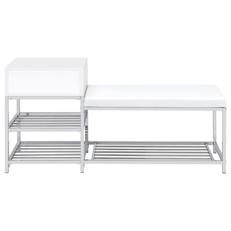 Siega Shoe Storage Entryway Bench - 1 Drawer & Leatherette Seat in White High Gloss with Chrome – view 7