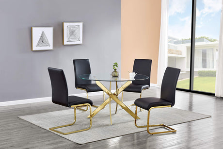 Mirage 5 Pcs Glass Top Mid-Century Modern Dining Set, Gold Finish in Black