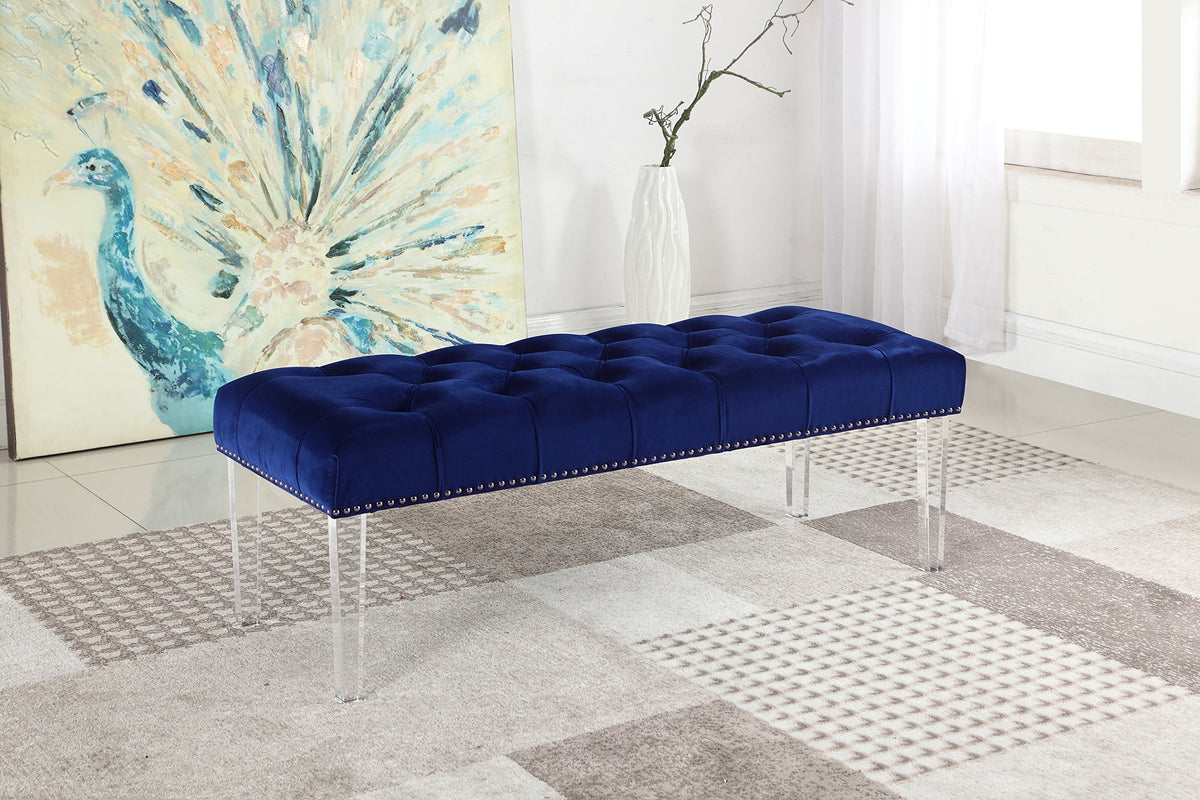 Yafelle 48” Velvet Upholstered Glam Bench with Button Tufted Seat, Silver Nailhead Trim in Blue - front view