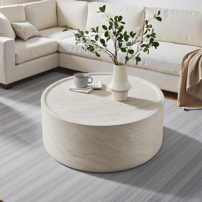 Vyn 36" Round Coffee Table Concrete Travertine Finish, Modern Organic Drum Center Table in Cloud