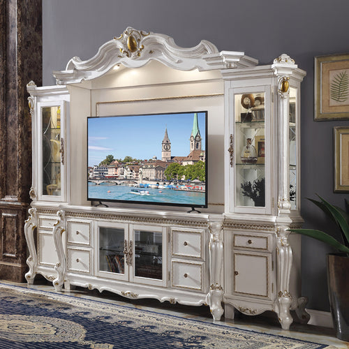 Picardy Entertainment Center, Fireplace, Mirror & Bench - Ornate Scrolled Moldings in Antique Pearl or Honey Oak