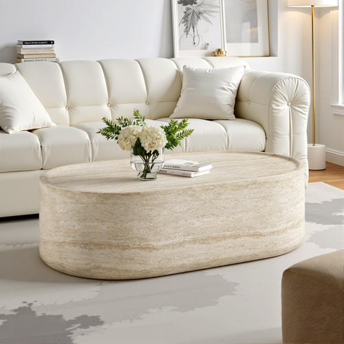 Vyn 52" Oval Coffee Table Concrete Travertine Finish, Modern Organic Large Drum Center Table in Sand