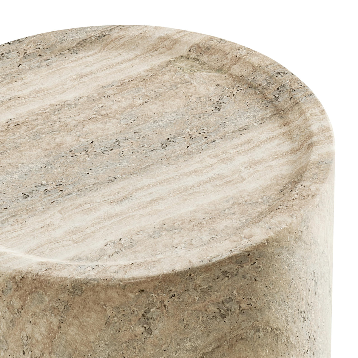 Vyn 18" Round End Table Concrete Travertine Finish, Modern Organic Drum Side Table in Cinnamon - room setting