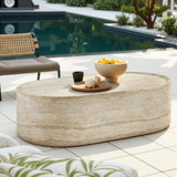 Vyn 52" Oval Coffee Table Concrete Travertine Finish, Modern Organic Large Drum Center Table in Sand - detail view