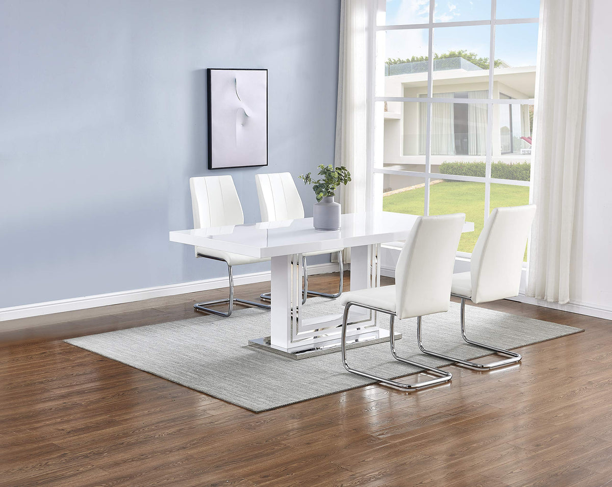 Barton 5-Piece Dining Set with White High-Gloss Lacquer Rectangle Table, Single Pedestal Base with… - front view