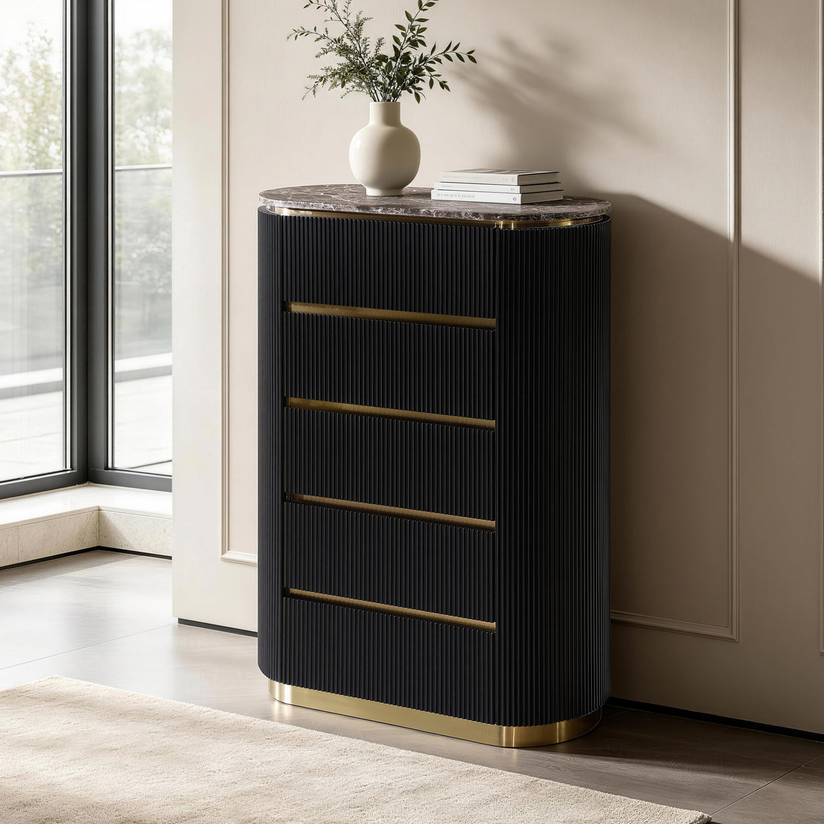 Trandell 51" High Modern Glam Faux Marble Top 5-Drawer Chest - front view