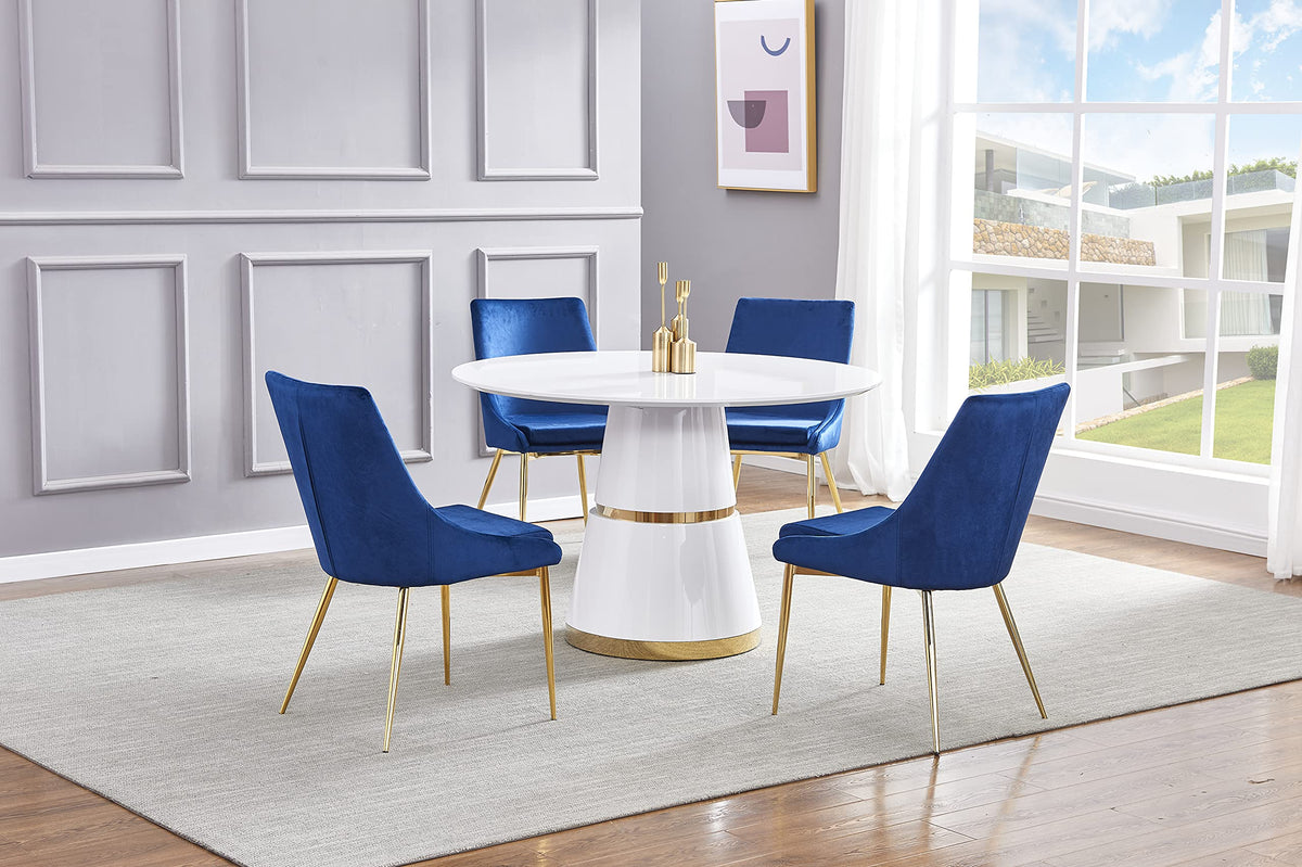 Treina Mid-Century Modern White Laquered 5 Pcs Round Dining Set in Navy Blue