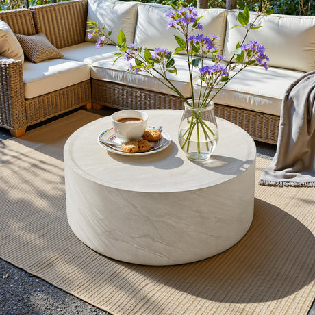 Vyn 36" Round Coffee Table Concrete Travertine Finish, Modern Organic Drum Center Table in Cloud - detail view