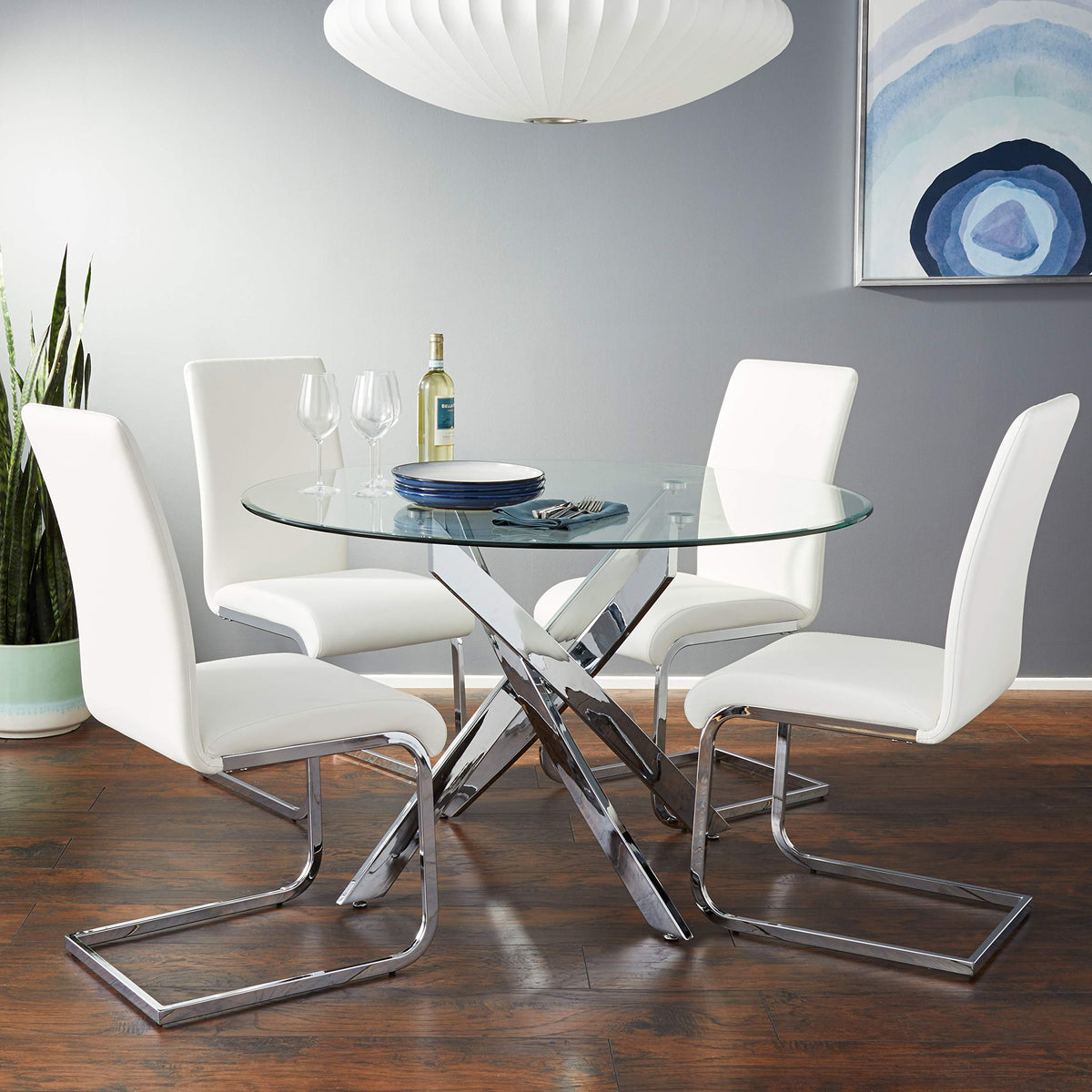 Mirage 5 Pcs Glass Top Modern Dining Set in White - front view