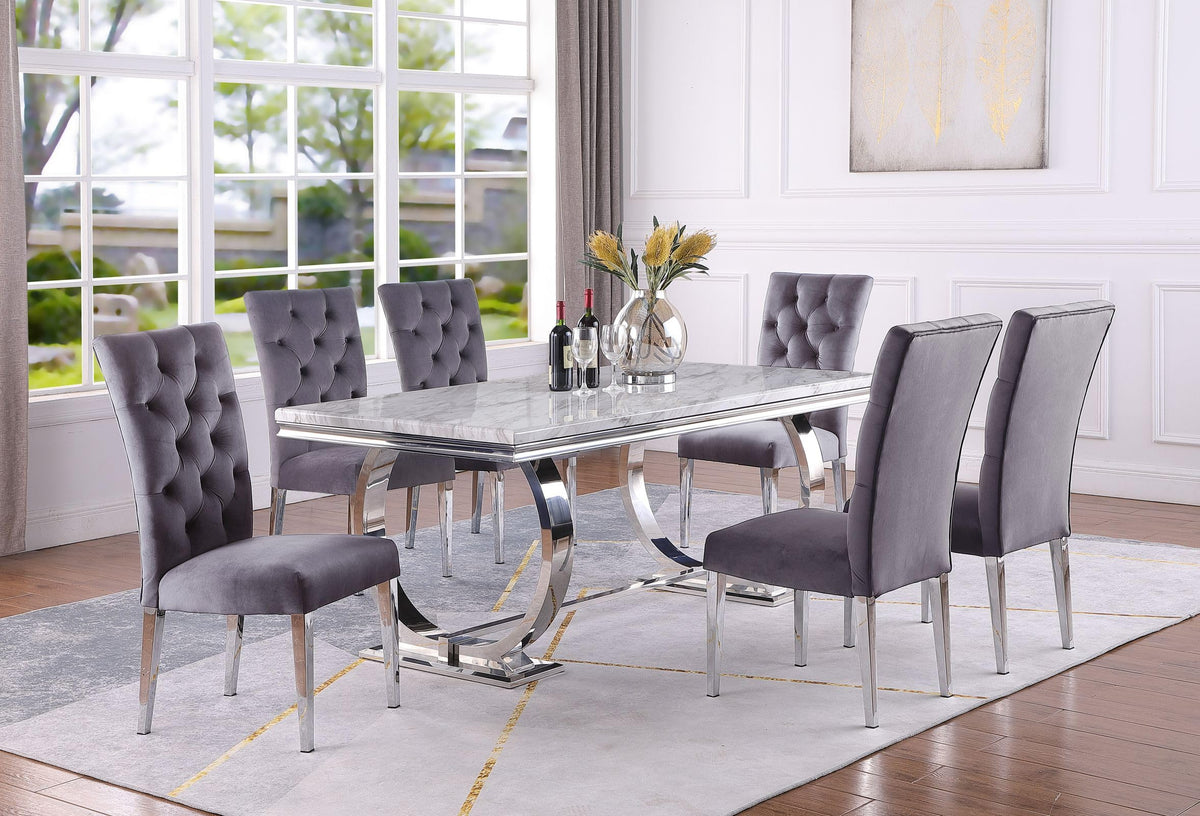 Lexington 7-Piece Rectangle Dining Set with 6 Velvet Upholstered Chairs, Modern Contemporary Design in Grey/Silver