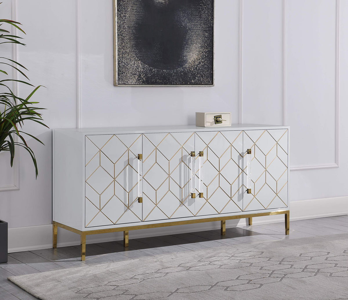 Thorne High Gloss Lacquer Sideboard/Buffet with Gold Trim in White - front view