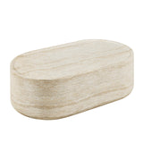 Vyn 52" Oval Coffee Table Concrete Travertine Finish, Modern Organic Large Drum Center Table in Sand - room setting